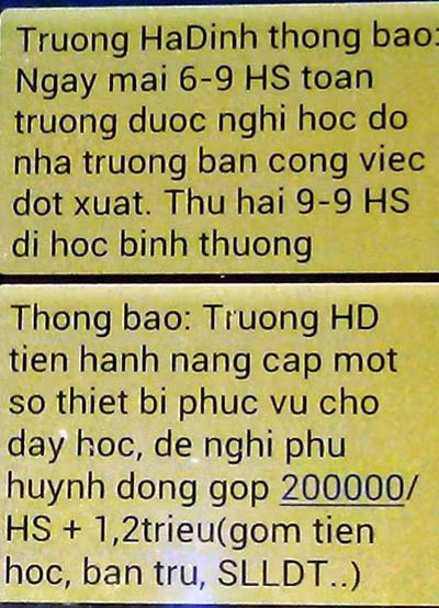 Nội dung tin nhắn thất thiệt gửi đến các phụ huynh