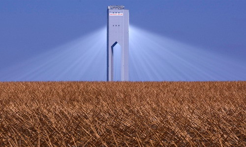 The new PS20 solar tower at the Solucar Platform in Sanlucar la Mayor, southern Spain, seen on Sept. 23, 2009. PS20, one of the most powerful commercial solar tower in the world, consists of a solar field made up of 1,255 mirrored heliostats aimed at the tower, producing steam which is converted into electricity generation by a turbine