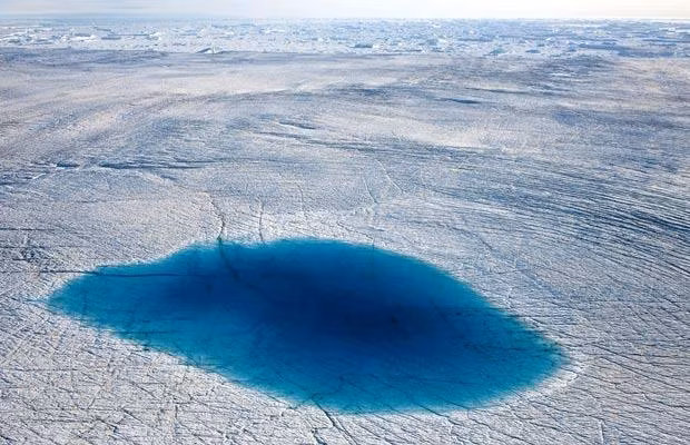 A melt-lake lying on the surface of the Humboldt glacier on July 31, 2009