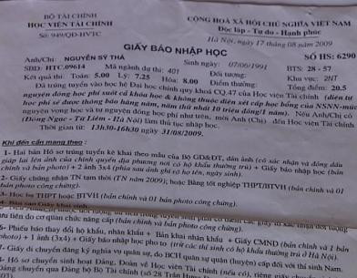 Giấy báo nhập học Học viện Tài chính của Nguyễn Sỹ Thà