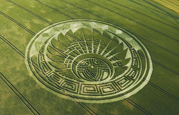 A Mayan-themed crop circle formation in a field at Silbury Hill, Wilts, which some say foretells the apocalypse on December 21, 2012