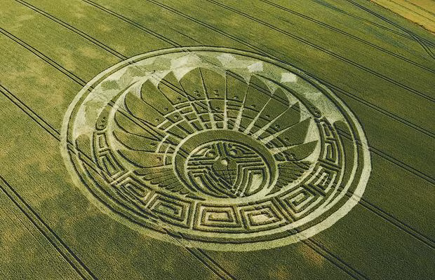 A Mayan-themed crop circle formation in a field at Silbury Hill, Wilts, which some say foretells the apocalypse on December 21, 2012