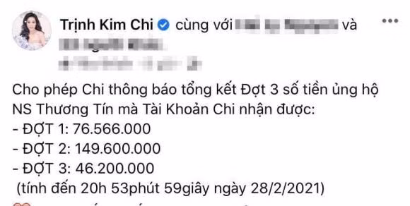 Sau 3 ngày kêu gọi từ những đồng nghiệp và khán giả, Trịnh Kim Chi đã nhận được hơn 270 triệu đồng