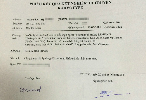Kết quả xét nghiệm cho thấy nhiễm sắc thể 46, XY, là nam hoàn toàn. Ảnh: Lê Phương. Kết quả xét nghiệm cho thấy nhiễm sắc thể 46, XY, là nam hoàn toàn. Ảnh: Lê Phương.
