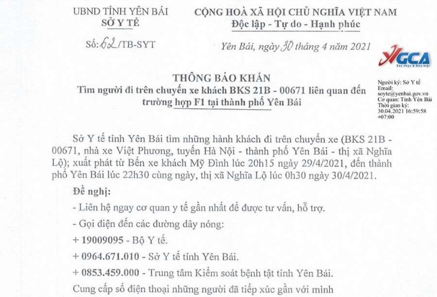 Thông báo tìm người đi trên xe khách chở trường hợp F1 của Sở Y tế tỉnh Yên Bái.