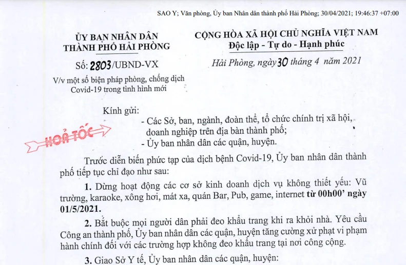 Từ 0h ngày 1/5, các cơ sở kinh doanh dịch vụ không thiết yếu như vũ trường, karaoke, xông hơi…ở Hải Phòng sẽ dừng hoạt động.