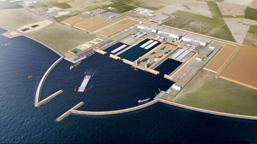 Bến cảng tạm thời đặt nhà máy xây dựng 89 đoạn bê tông ở Đan Mạch. Ảnh: Femern A/S.