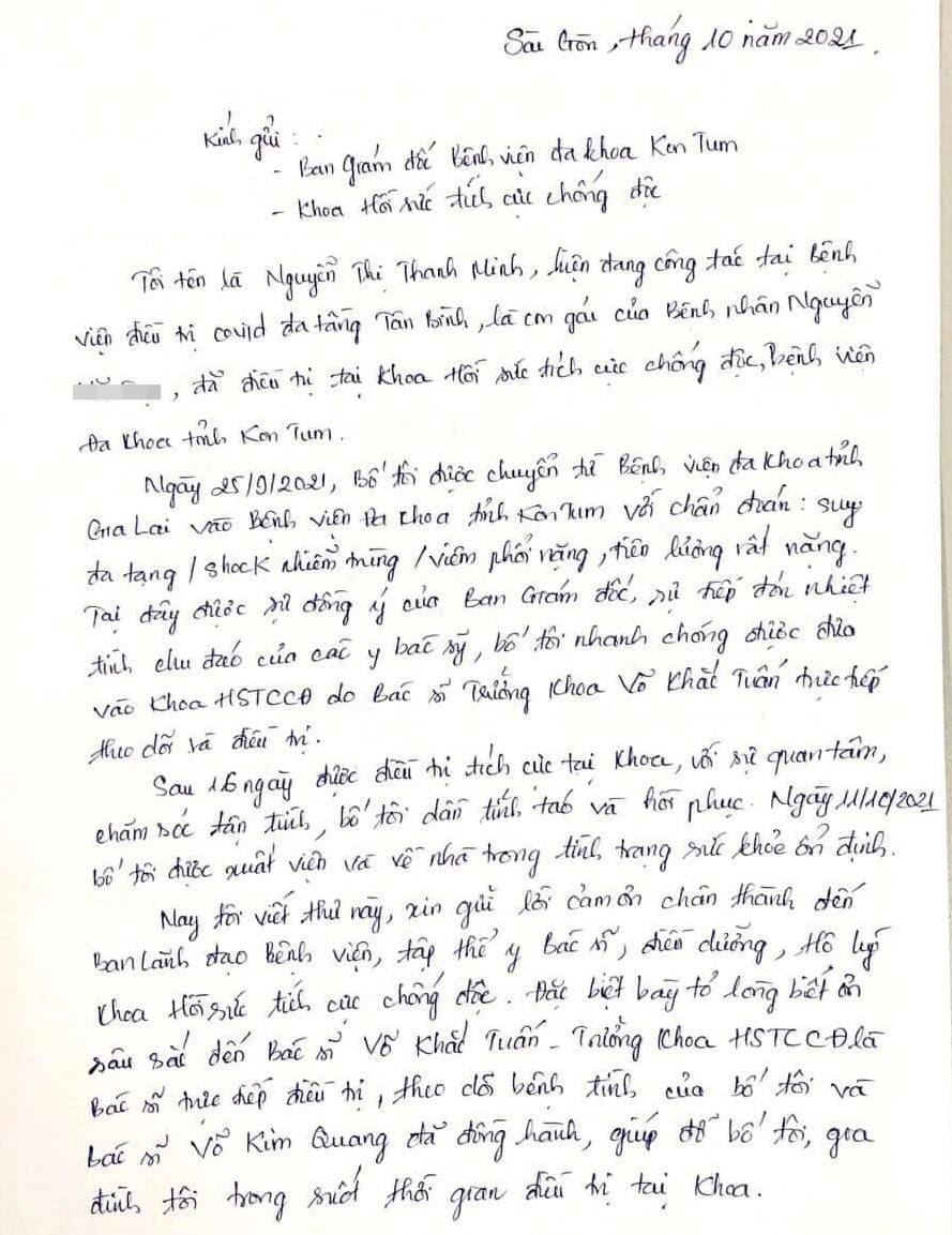 Bức thư mộc mạc, chân thành của nữ bác sĩ tuyến đầu chống dịch gửi Bệnh viện đa khoa tỉnh Kon Tum.