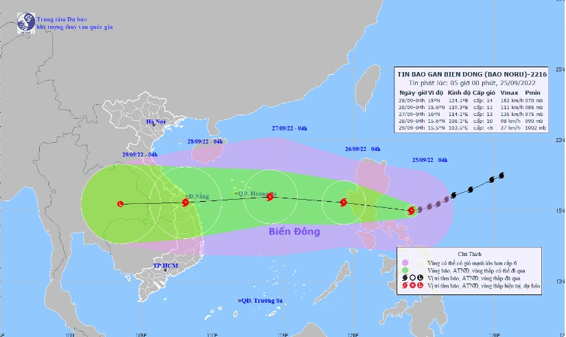 Hướng đi của bão Noru. Nguồn: Trung tâm dự báo khí tượng thủy văn quốc gia.