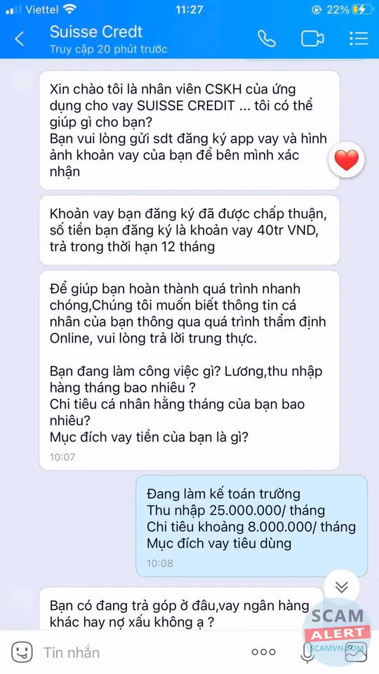 Tin nhắn trao đổi thông tin giữa nạn nhân và đối tượng lừa đảo