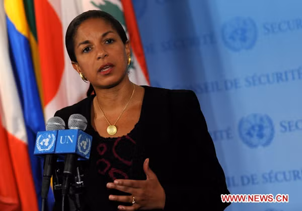 U.S. Permanent Representative to UN Susan Rice speaks to the media at the UN Headquarters in New York, the United States, on July 8, 2010