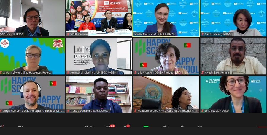 Các Báo cáo viên tại Hội thảo trực tuyến với chủ đề &quot;Hạnh phúc để học tập - Tại sao thế giới cần trường học hạnh phúc&quot;.(ảnh chụp màn hình).