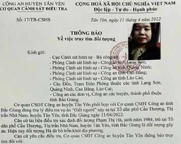 Thông báo truy tìm đối tượng của cơ quan điều tra.