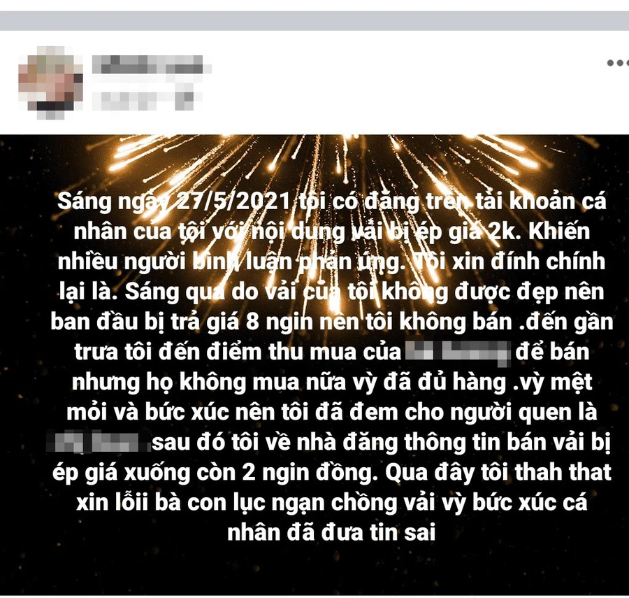 Anh Leo Văn M. đăng tải nội dung đính chính thông tin vải thiều bị ép giá còn 2.000 đồng/kg.