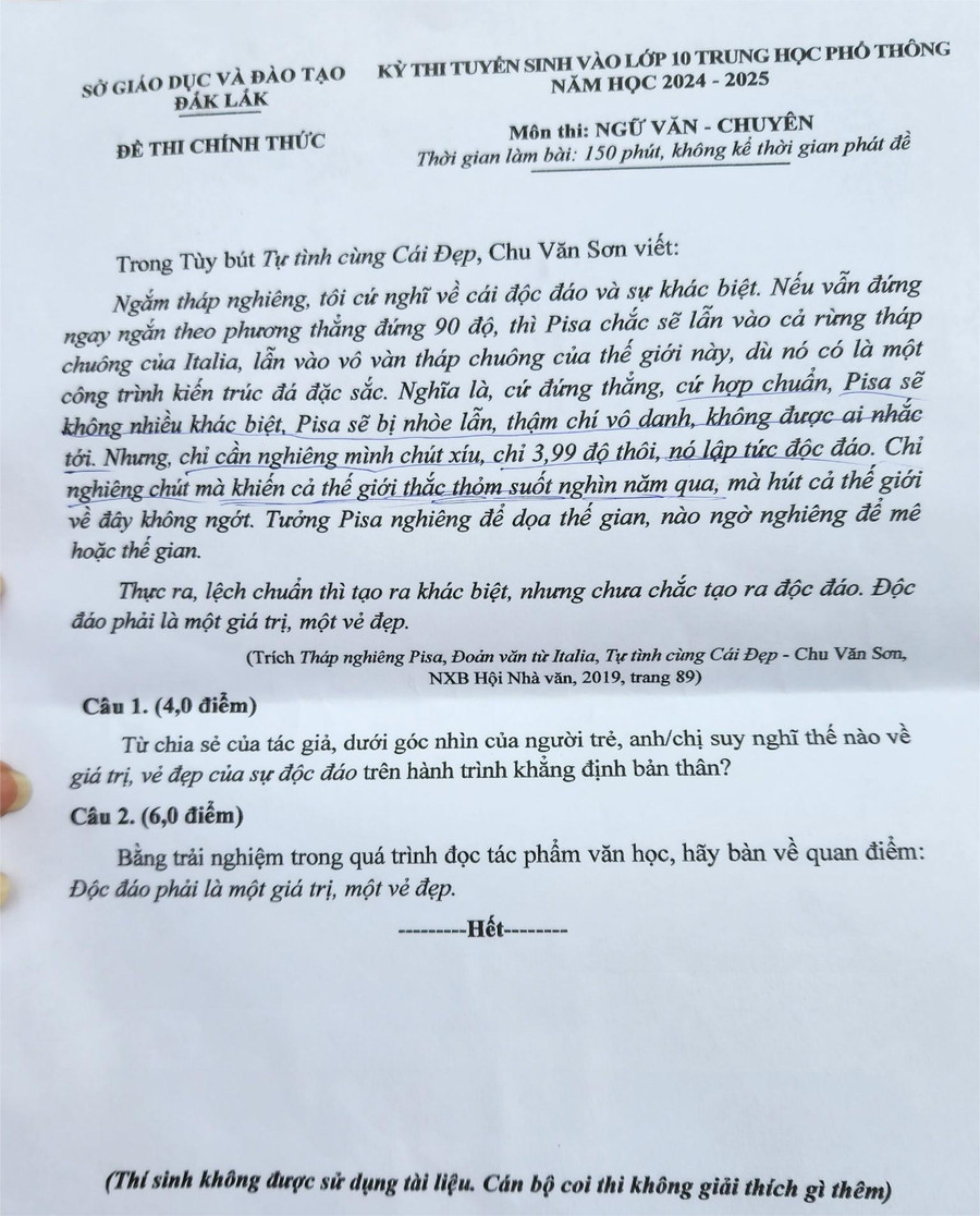 Đề thi môn Ngữ văn.