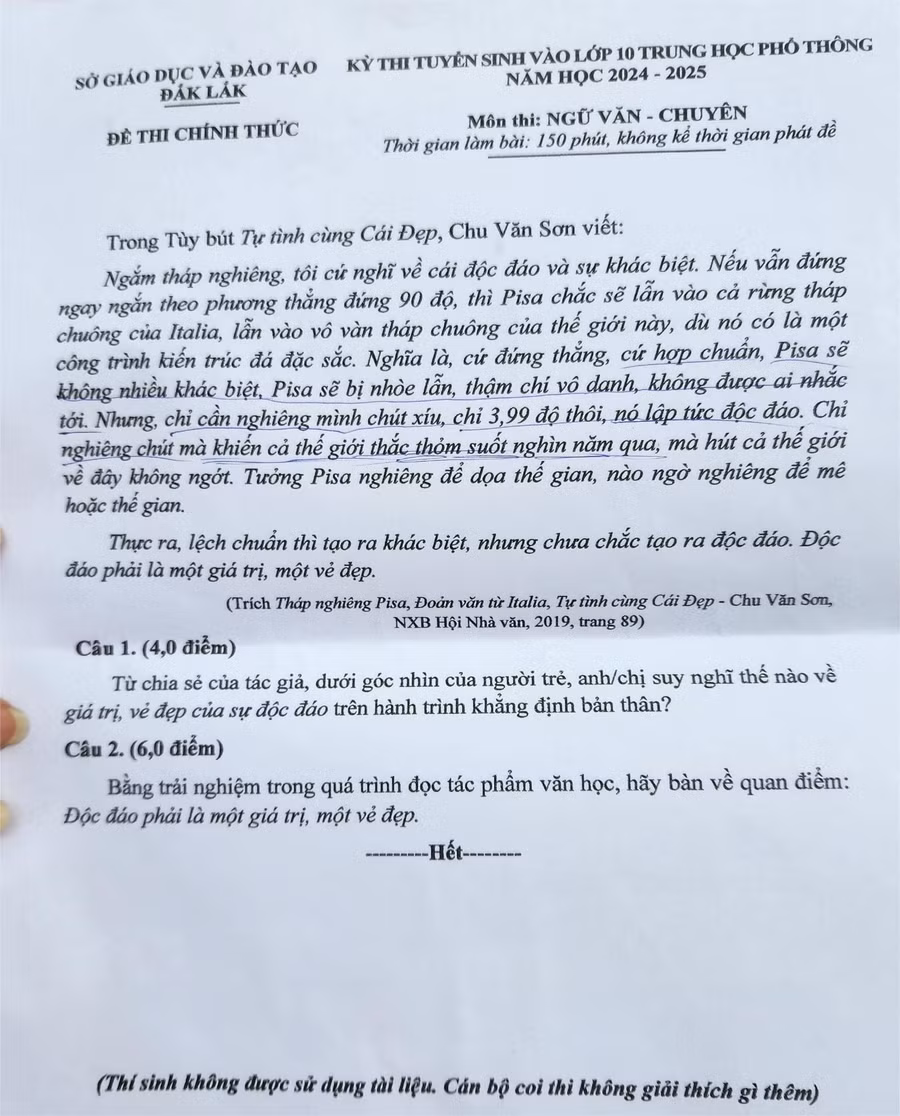 Đề thi môn Ngữ văn.