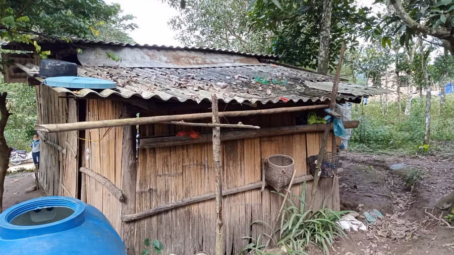 Ngôi nhà bằng tre nứa, mái lợp bằng fibro xi măng nằm ở trên đồi cao của gia đình anh Cấp.