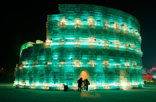 People visit an ice Colosseum at the Harbin Ice Festival 
