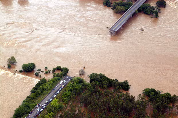 At least 72 people have died in floods and landslides in Brazil. An aerial view of a bridge which collapsed and was swept away by the flooded Jacui river, in the Rio Grande do Sul state, south Brazil