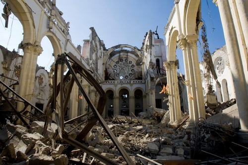 The ruins of a cathedral are seen in Port-au-Prince