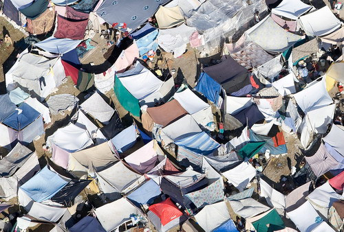 A temporary camp for homeless Haitians is seen from a Canadian Forces helicopter fly-over in Port-au-Prince