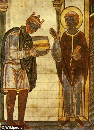 Khai quật ngôi mộ 1000 tuổi của nữ hoàng Saxon ảnh 5 Eadgyth’s brother King Athelstan, depicted presenting a book to Saint Cuthbert, the bishop of Lindisfarne. Right, Queen Eadgyth’s husband, Otto the first, the Holy Roman Emperor