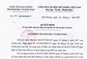 Quyết định đình về việc đình chỉ hoạt động Trung tâm Tư vấn du học Victoria của Sở GD&ĐT Hả Dương.