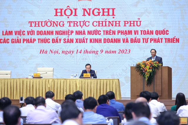 Thủ tướng chủ trì hội nghị làm việc với doanh nghiệp Nhà nước trên phạm vi toàn quốc - Ảnh 1. Thủ tướng Phạm Minh Chính chủ trì Hội nghị của Thường trực Chính phủ làm việc với doanh nghiệp Nhà nước về các giải pháp thúc đẩy sản xuất kinh doanh và đầu tư phát triển - Ảnh: VGP/Nhật Bắc