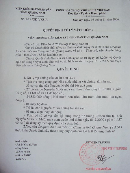 Quyết định xử lý vật chứng của Viện kiểm sát Quảng Nam Quyết định xử lý vật chứng của Viện kiểm sát Quảng Nam