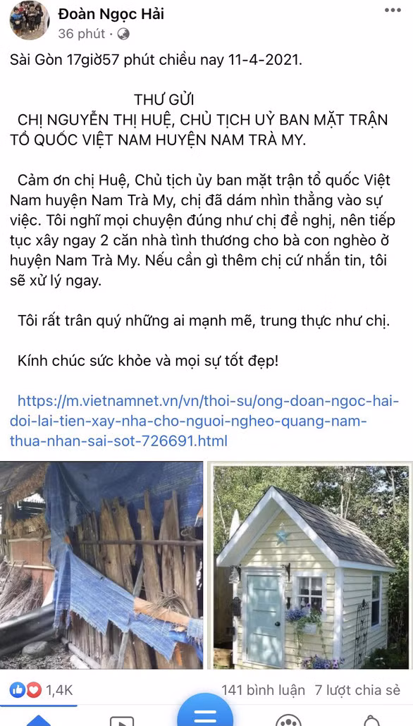 Bức thư ông Hải đăng tải trên trang Facebook cá nhân ngày 11/4. Ảnh: FB