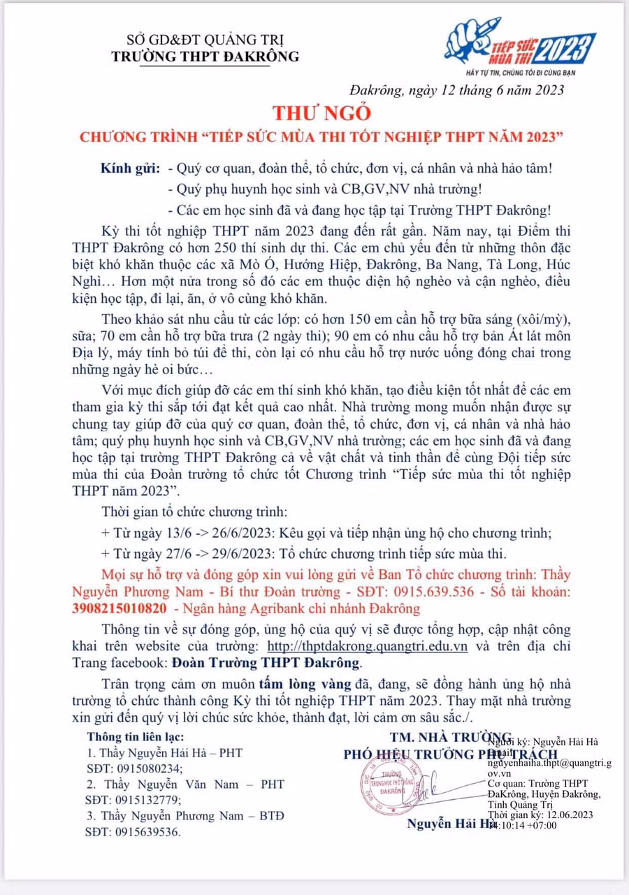 Trường THPT Đakrông phát Thư ngỏ kêu gọi hỗ trợ chương trình "Tiếp sức mùa thi và thí sinh miền núi".
