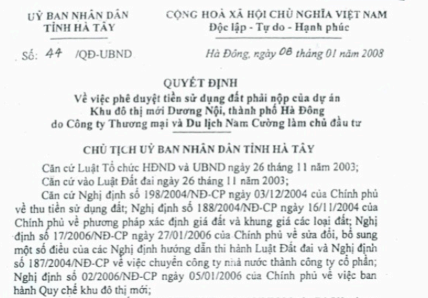 Quyết định về việc phê duyệt tiền sử dụng đất phải nộp của dự án Khu đô thị mới Dương Nội của UBND tỉnh Hà Tây. Quyết định về việc phê duyệt tiền sử dụng đất phải nộp của dự án Khu đô thị mới Dương Nội của UBND tỉnh Hà Tây.