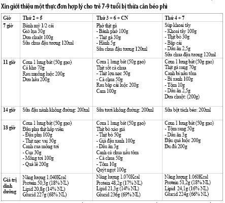 Thực đơn hợp lý cho trẻ từ 7 - 9 tuổi thừa cân, béo phì Thực đơn hợp lý cho trẻ từ 7 - 9 tuổi thừa cân, béo phì