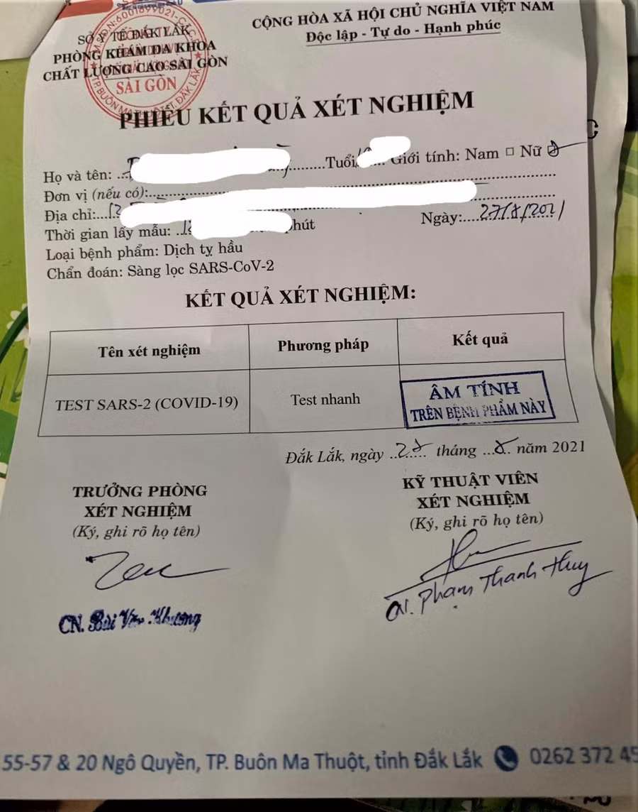 Một tờ kết quả xét nghiệm "chui" của phòng khám Đa khoa Sài Gòn.