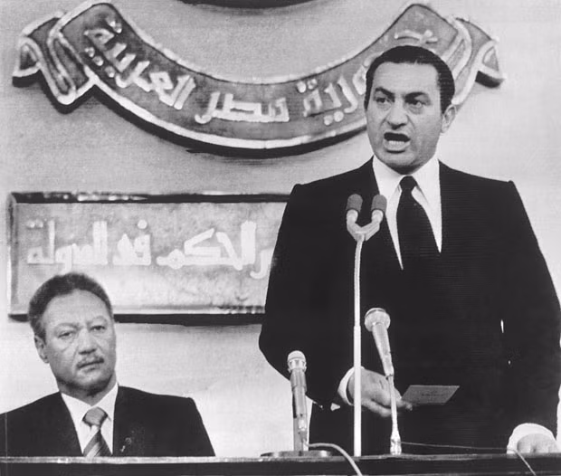 14 October 1981: Egypt’s newly-elected president Hosni Mubarak takes the oath of office at the Egyptian parliament. Mubarak came to office after Anwar Sadat was slain by a group of military Islamist fundamentalists.