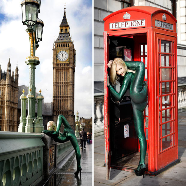 Meet Zlata - the world’s most flexible woman. Pictured here on the streets of London, the contortionist drew crowds in the UK capital displaying her wiry skills. The Russian national has been performing her contortionist act for 10 years wowing the public with her eye-watering positions. 