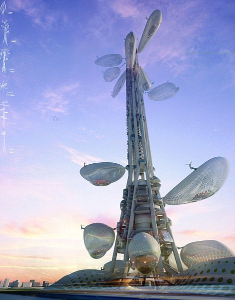 Meanwhile in Taichung, Taiwan, helium-filled observation decks move up the outside of this tower. Work is set to begin next year, and will feature solar power and rainwater recycling. It is planned to have house offices, restaurants, and a museum and the shape is inspired by the structure of trees Read more: http://www.dailymail.co.uk/news/article-1354540/Tree-towers-Taiwan-mega-pyramid-Tokyo-Cities-future-here.html#ixzz1DKr7lqHY
