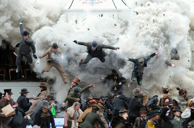An explosion is seen during the shooting of a scene from Sherlock Holmes 2, in front of the cathedral in Strasbourg, France. The film, directed by Guy Ritchie, stars Jude Law and Robert Downey Jr and will be released at the end of 2011. 