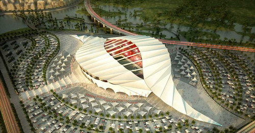 Al Khor stadium, Qatar: for the 2022 World Cup, the open-air stadia will have solar-powered air-conditioning, which aim to keep temperatures under 80 degrees Read more: http://www.dailymail.co.uk/news/article-1354540/Tree-towers-Taiwan-mega-pyramid-Tokyo-Cities-future-here.html#ixzz1DKri5Po4