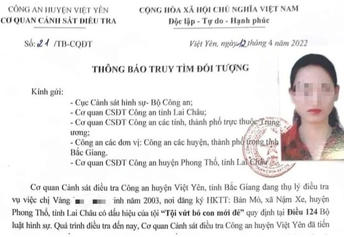 Thông báo truy tìm Vàng T.T. của cơ quan công an.