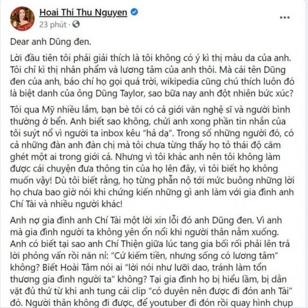 Hoa hậu Thu Hoài yêu cầu Dũng Taylor xin lỗi gia đình cố nghệ sĩ Chí Tài