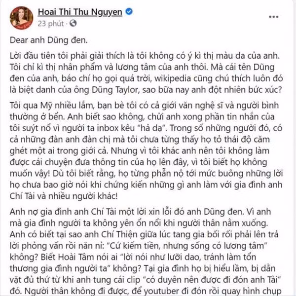 Hoa hậu Thu Hoài yêu cầu Dũng Taylor xin lỗi gia đình cố nghệ sĩ Chí Tài