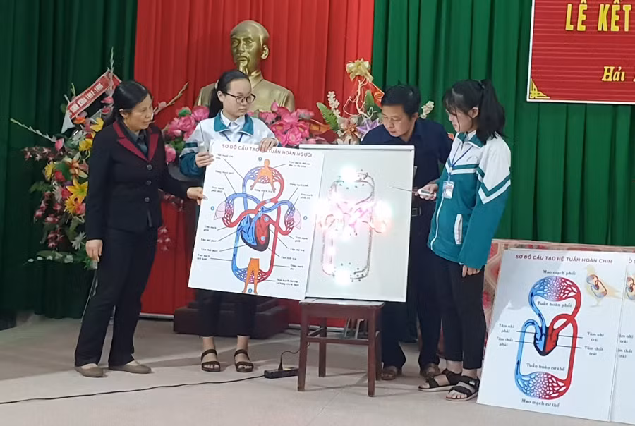 NGƯT Nguyễn Thị Lan (bên trái, ngoài cùng) hướng dẫn 2 HS đạt giải xuất sắc tại cuộc thi KHKT tỉnh năm 2021