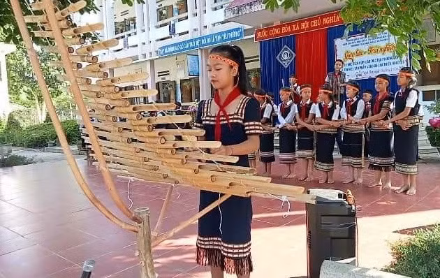 Học sinh trường Tiểu học Đặng Trần Côn tham gia biểu diễn nhạc cụ dân tộc truyền thống.