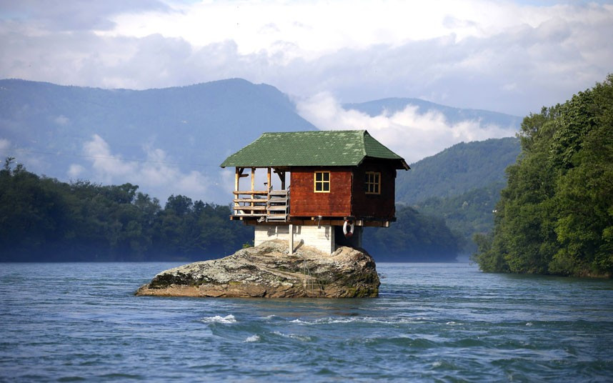 A house built on a rock on the river Drina near the western Serbian town of Bajina Basta. The house was built in 1968 by a group of young men who decided that the rock on the river was an ideal place for a tiny shelter.