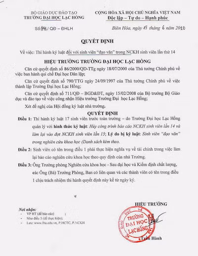 Văn bản kỷ luật SV đạo văn của trường ĐH Lạc Hồng