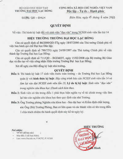 Văn bản kỷ luật SV đạo văn của trường ĐH Lạc Hồng Văn bản kỷ luật SV đạo văn của trường ĐH Lạc Hồng