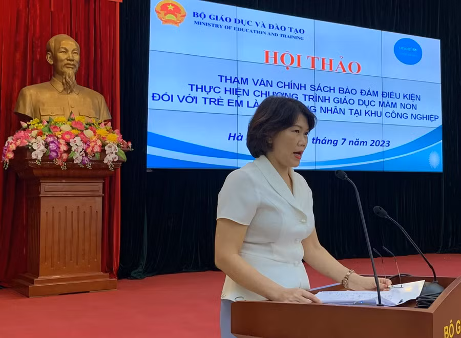 Phó Vụ trưởng Vụ GDMN Hoàng Thị Dinh phát biểu ý kiến tại Hội thảo.