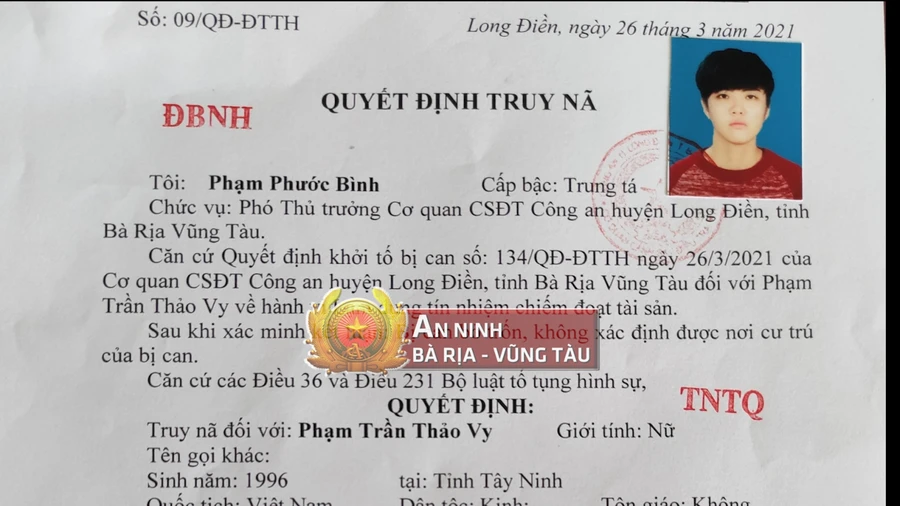 Cơ quan chức năng truy nã Phạm Trần Thảo Vy. Ảnh: Công an Bà Rịa - Vũng Tàu.