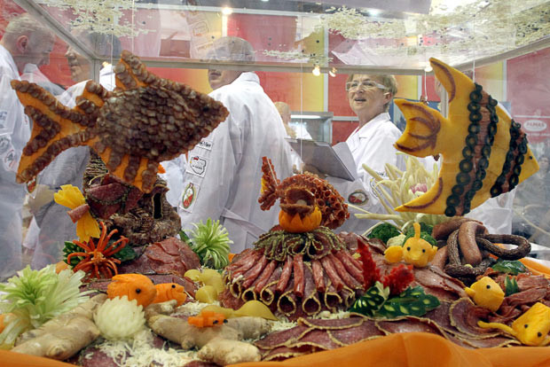 A fish tank made from food is seen at one of the stands at the International Trade Fair for Food and Catering Products, Polagra, in Poznan, Poland